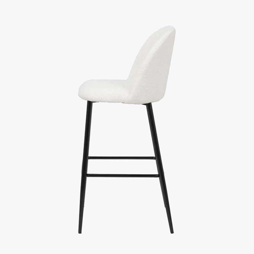Turi White Bouclé Fabric and Black Metal Bar Stool
