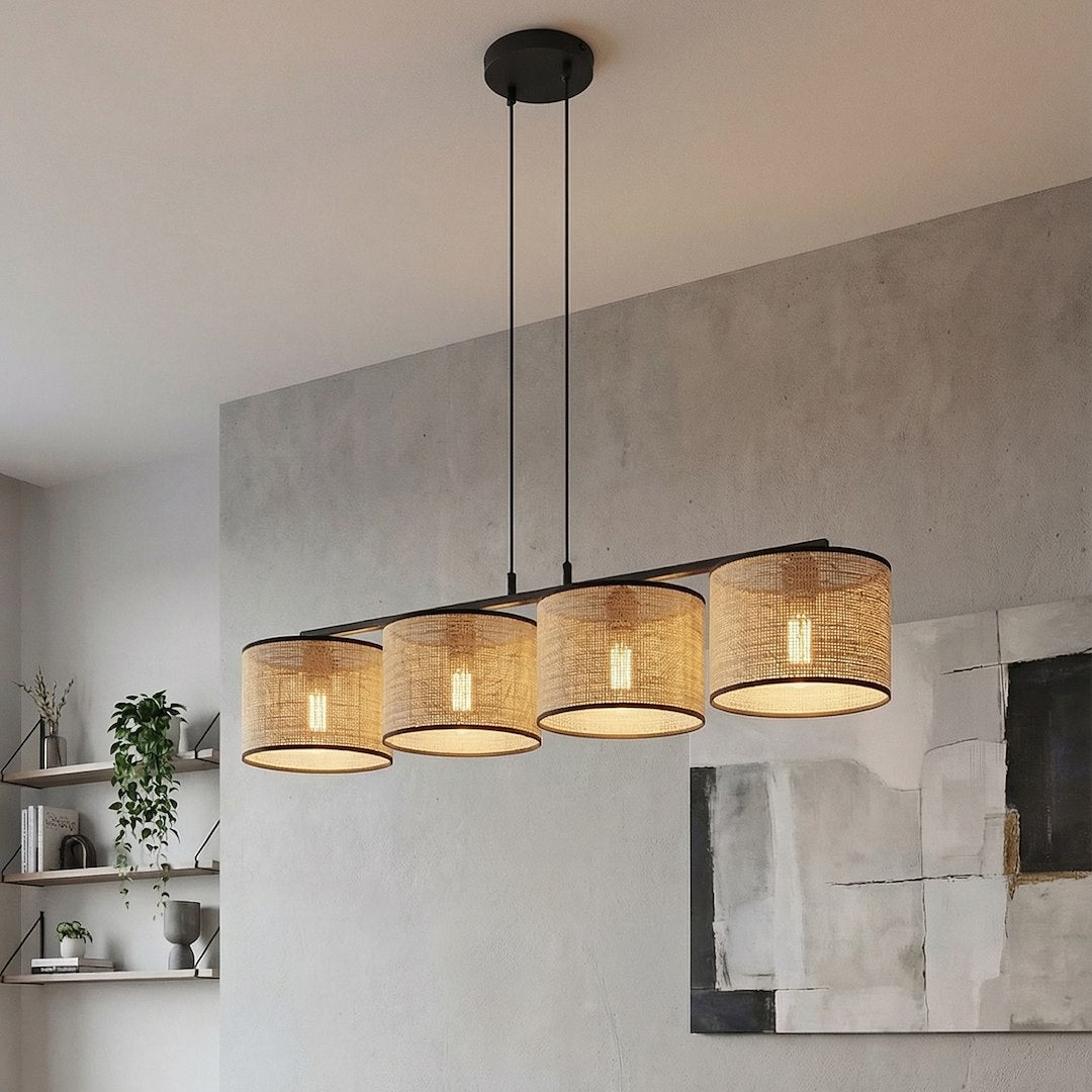 Eco 4 Light Linear Pendant Black & Rattan