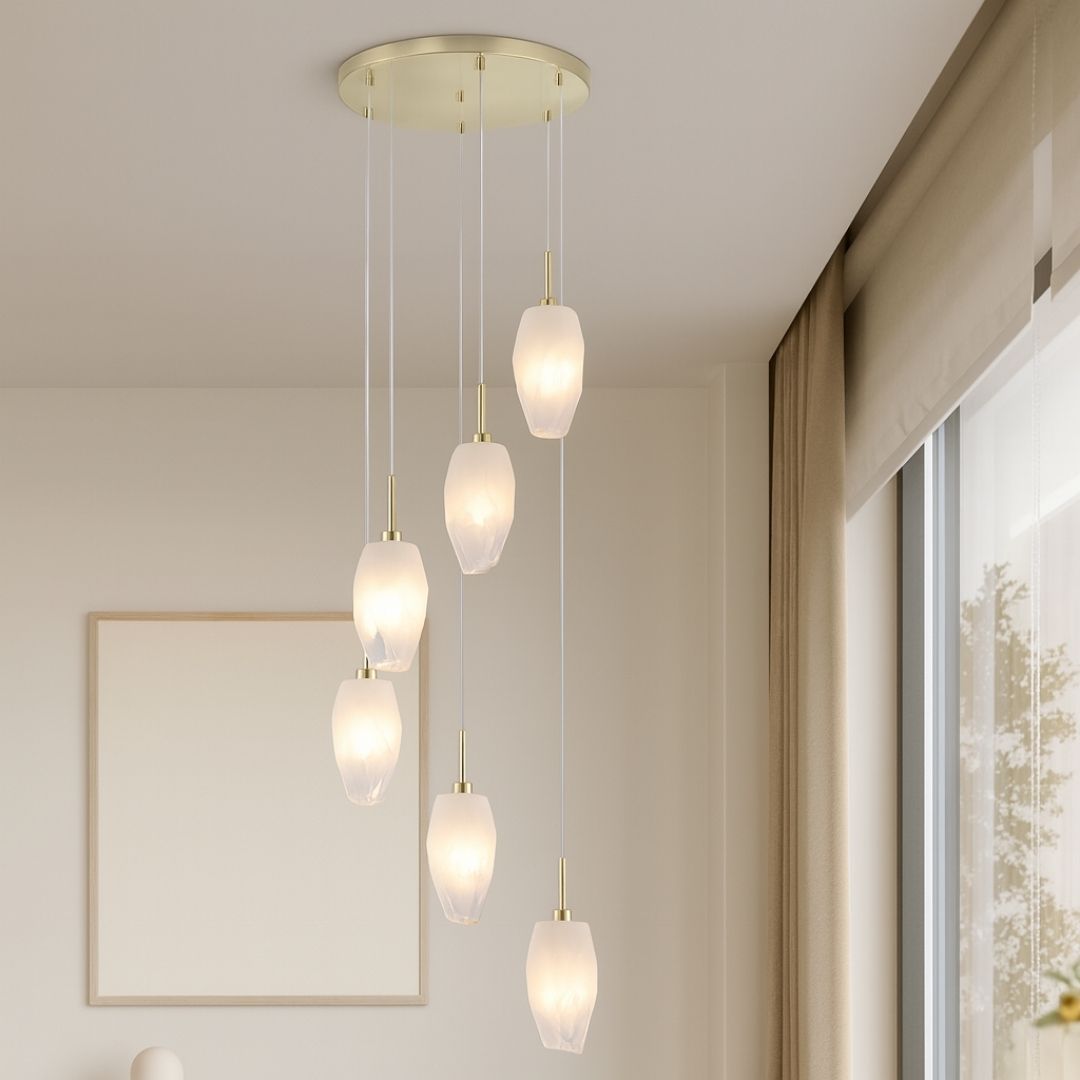 Rocky 8 Light Satin Brass & Glass Pendant Ceiling Light