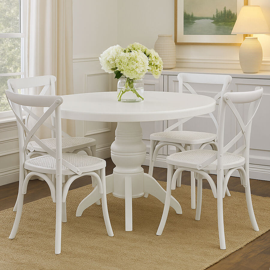Vermont White Wash Wooden Round Dining Table and 4 Chairs Set