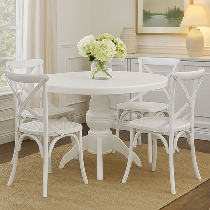 Vermont White Wash Wooden Round Dining Table and 4 Chairs Set