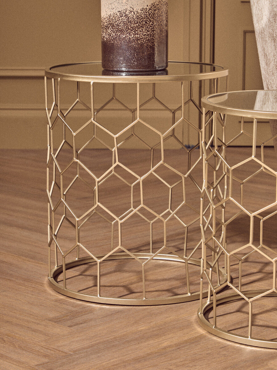 Arcana Champagne Finish Set of 2 Side Tables with Honeycomb Design