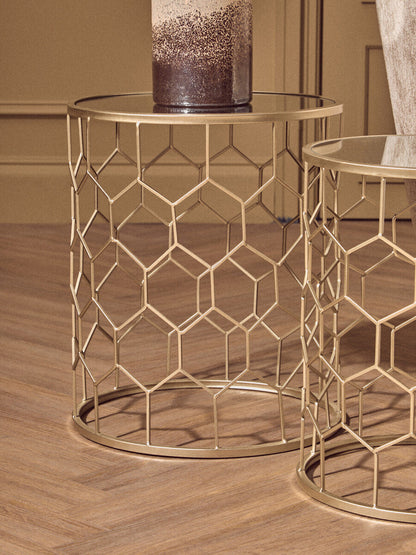 Arcana Champagne Finish Set of 2 Side Tables with Honeycomb Design