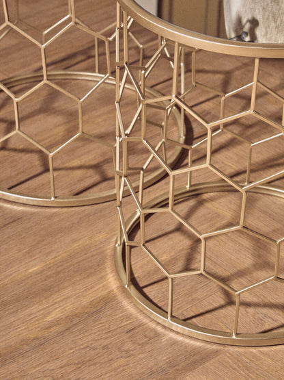 Arcana Champagne Finish Set of 2 Side Tables with Honeycomb Design