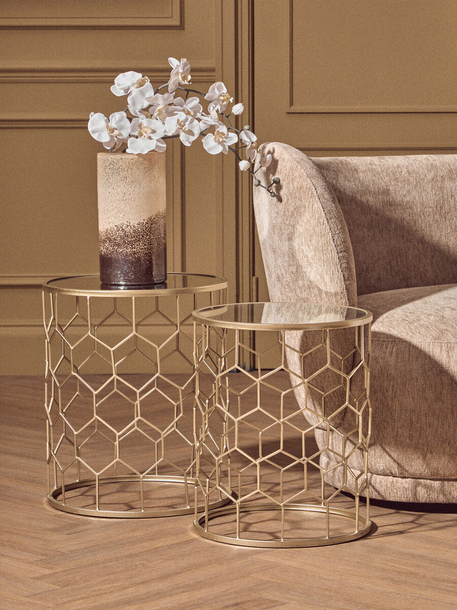 Arcana Champagne Finish Set of 2 Side Tables with Honeycomb Design