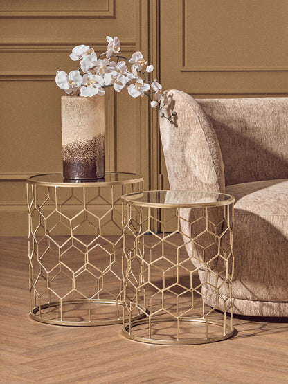 Arcana Champagne Finish Set of 2 Side Tables with Honeycomb Design