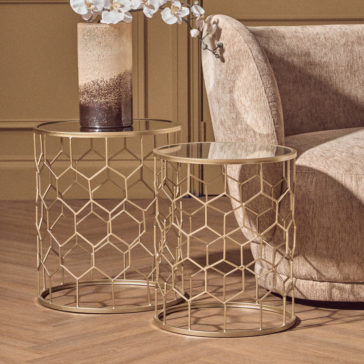 Arcana Champagne Finish Set of 2 Side Tables with Honeycomb Design