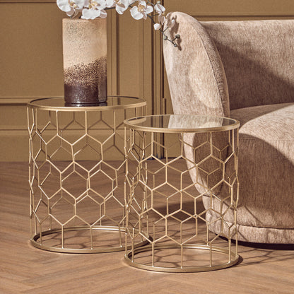 Arcana Champagne Finish Set of 2 Side Tables with Honeycomb Design