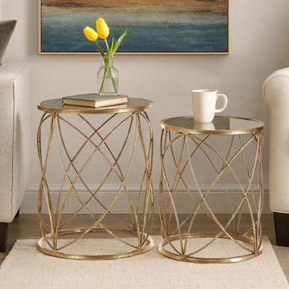 Arcana Gold Finish Set of 2 Side Tables with Mirror Top