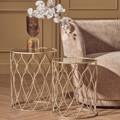 Arcana Champagne Finish Set of 2 Side Tables with Mirror Top