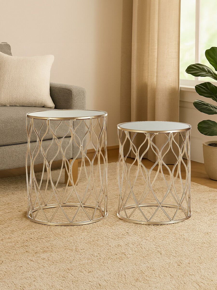 Arcana Champagne Finish Set of 2 Side Tables with Mirror Top