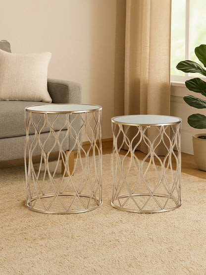 Arcana Champagne Finish Set of 2 Side Tables with Mirror Top