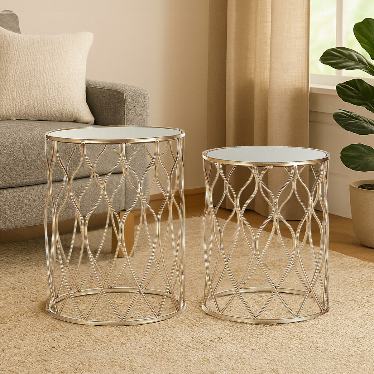 Arcana Champagne Finish Set of 2 Side Tables with Mirror Top