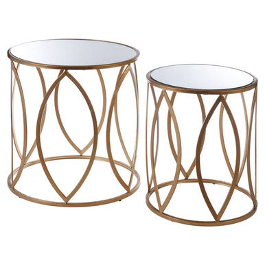 Arcana Gold Finish Set of 2 Side Tables with Mirrored Glass Top