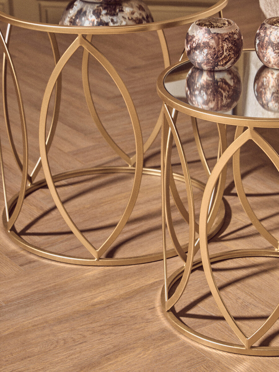 Arcana Gold Finish Set of 2 Side Tables with Mirrored Glass Top