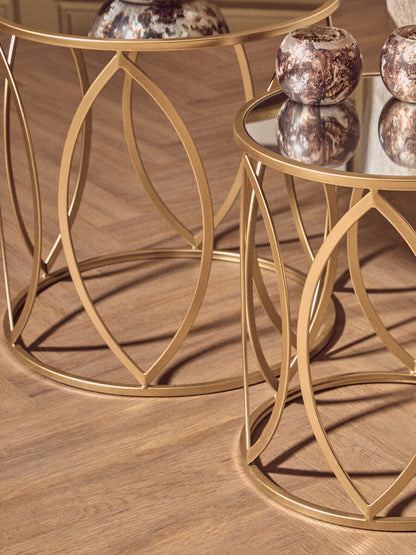 Arcana Gold Finish Set of 2 Side Tables with Mirrored Glass Top