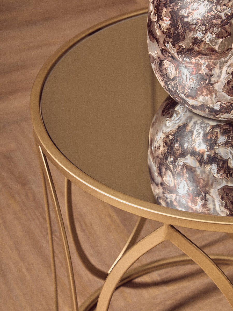 Arcana Gold Finish Set of 2 Side Tables with Mirrored Glass Top