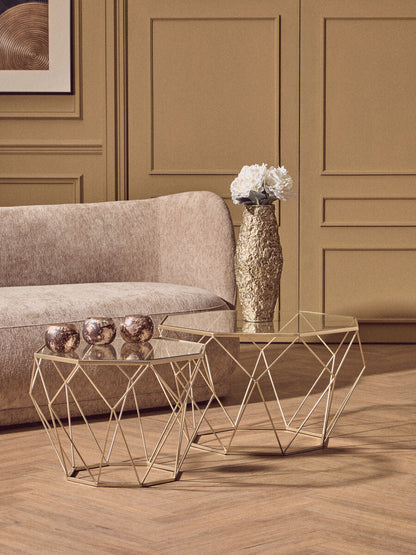 Arcana Champagne Finish Set of 2 Side Tables with Glass Tops