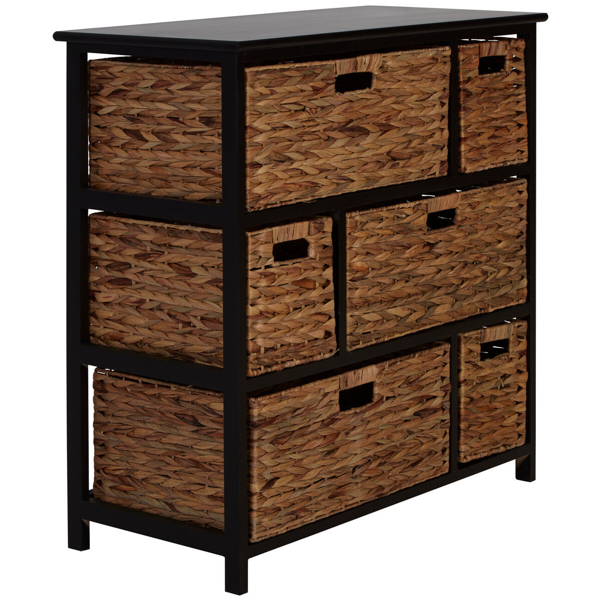 Padstow Black Wooden Storage Unit with 6 Water Hyacinth Drawers