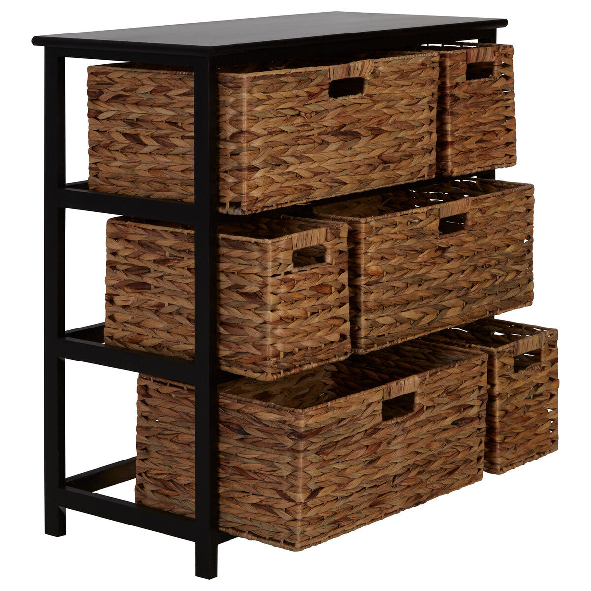 Padstow Black Wooden Storage Unit with 6 Water Hyacinth Drawers
