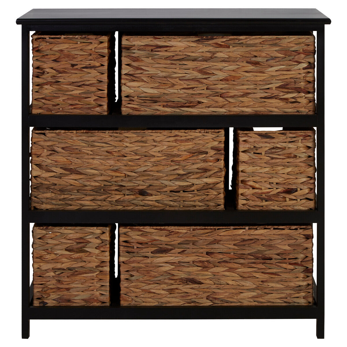 Padstow Black Wooden Storage Unit with 6 Water Hyacinth Drawers