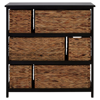 Padstow Black Wooden Storage Unit with 6 Water Hyacinth Drawers
