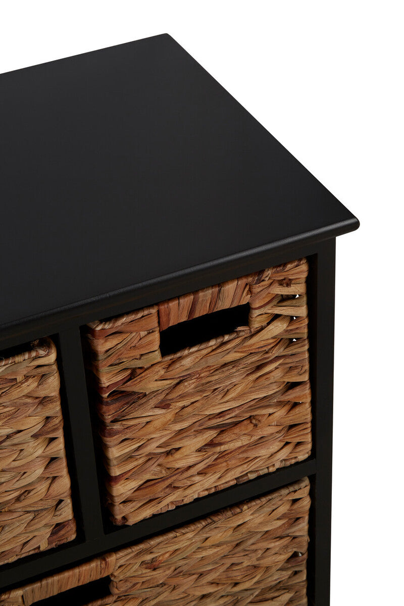 Padstow Black Wooden Storage Unit with 6 Water Hyacinth Drawers