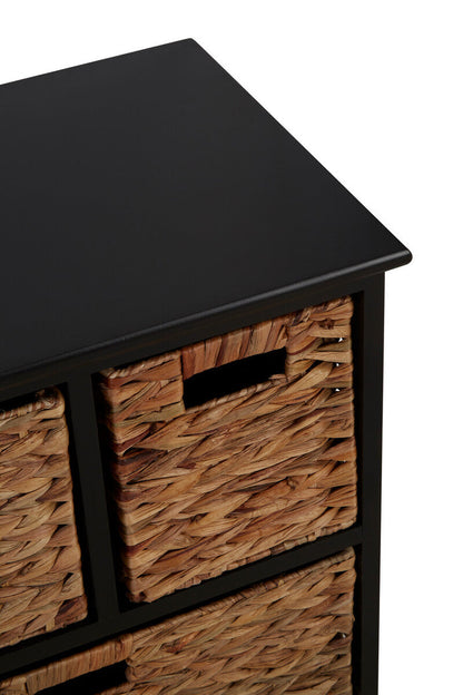 Padstow Black Wooden Storage Unit with 6 Water Hyacinth Drawers