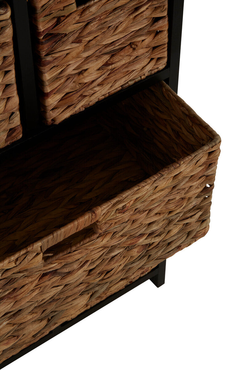Padstow Black Wooden Storage Unit with 6 Water Hyacinth Drawers