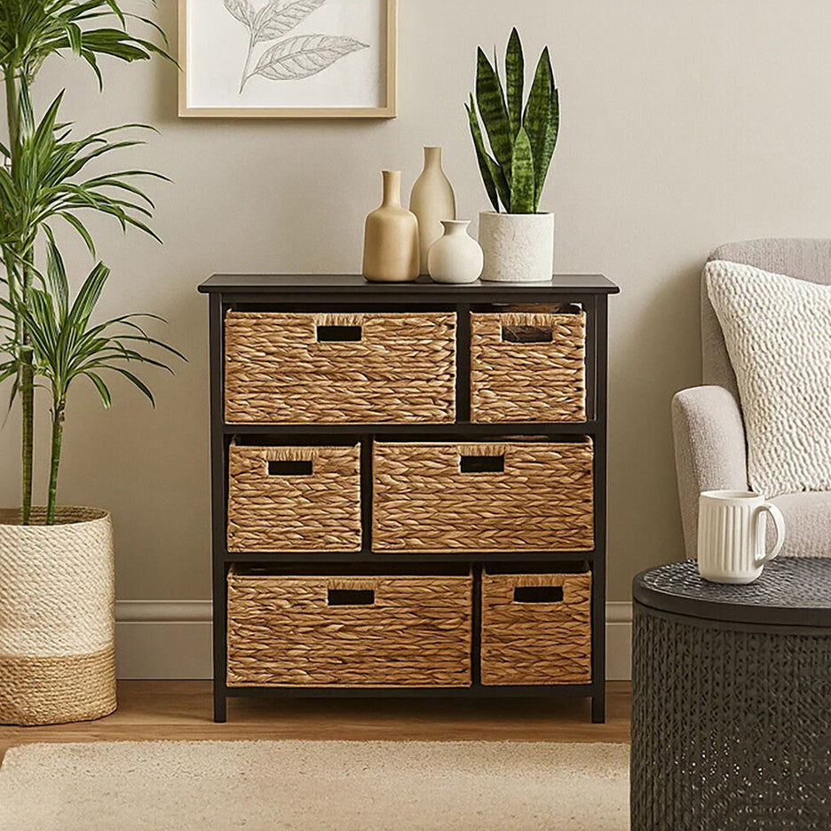 Padstow Black Wooden Storage Unit with 6 Water Hyacinth Drawers