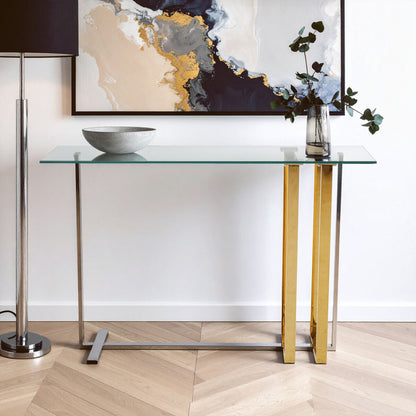 Alvea Clear Glass Console Table with Gold and Silver Finish Frame