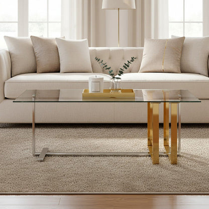 Alvea Clear Glass Coffee Table with Gold and Silver Finish Frame