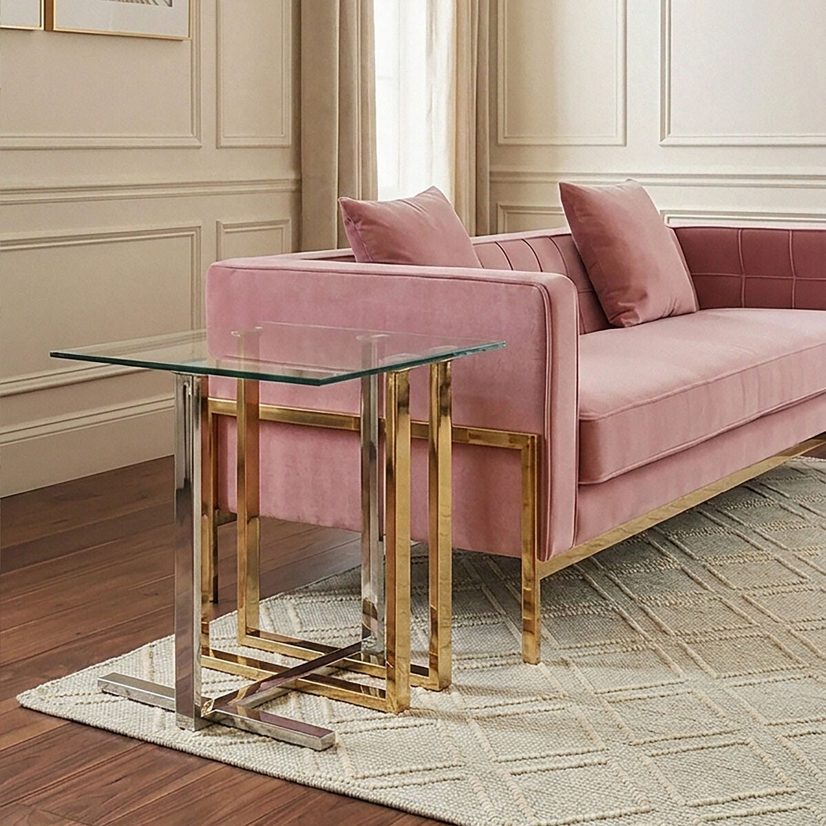 Alvea Clear Glass Side Table with Gold and Silver Finish Frame