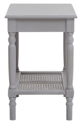 Heritage Grey Wash Wooden Side Table with Rattan Shelf