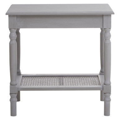 Heritage Grey Wash Wooden Side Table with Rattan Shelf