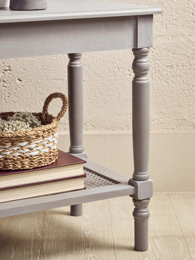 Heritage Grey Wash Wooden Side Table with Rattan Shelf