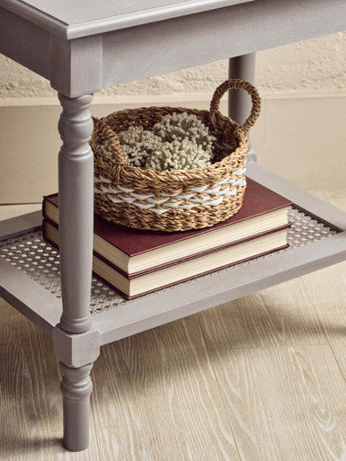 Heritage Grey Wash Wooden Side Table with Rattan Shelf