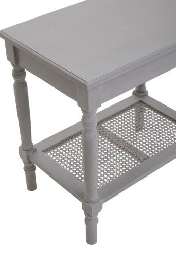 Heritage Grey Wash Wooden Side Table with Rattan Shelf