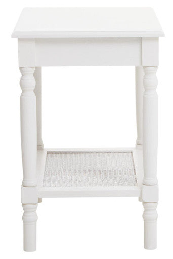 Heritage White Wooden Side Table with Rattan Shelf