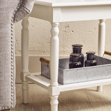 Heritage White Wooden Side Table with Rattan Shelf