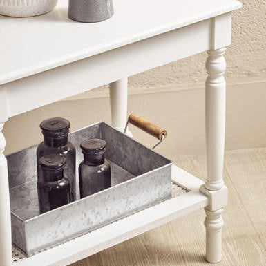 Heritage White Wooden Side Table with Rattan Shelf