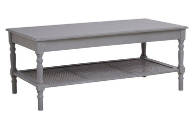 Heritage Grey Wash Wooden Coffee Table with Rattan Shelf