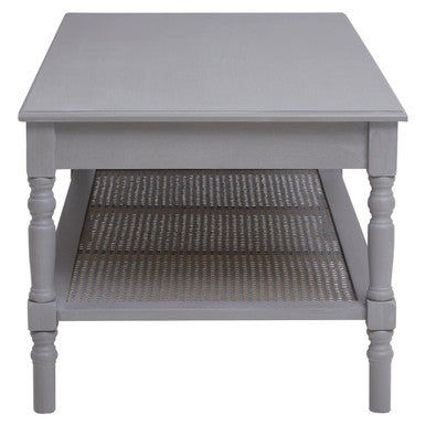 Heritage Grey Wash Wooden Coffee Table with Rattan Shelf
