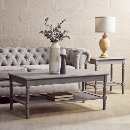 Heritage Grey Wash Wooden Coffee Table with Rattan Shelf