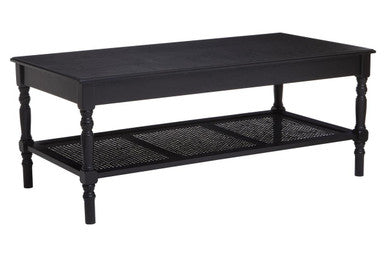Heritage Black Wooden Coffee Table with Rattan Shelf