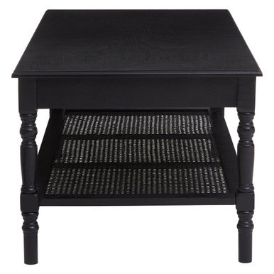 Heritage Black Wooden Coffee Table with Rattan Shelf