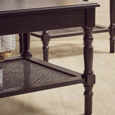 Heritage Black Wooden Coffee Table with Rattan Shelf