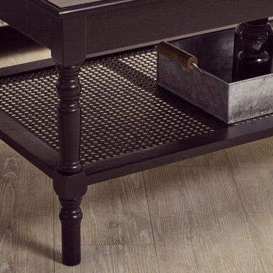 Heritage Black Wooden Coffee Table with Rattan Shelf