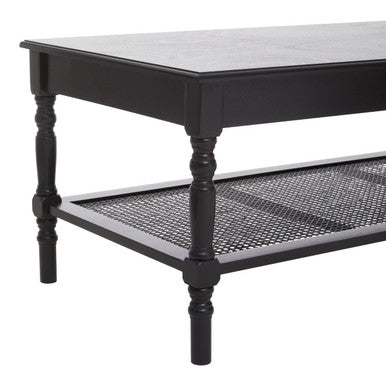 Heritage Black Wooden Coffee Table with Rattan Shelf