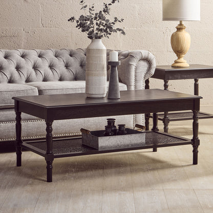 Heritage Black Wooden Coffee Table with Rattan Shelf